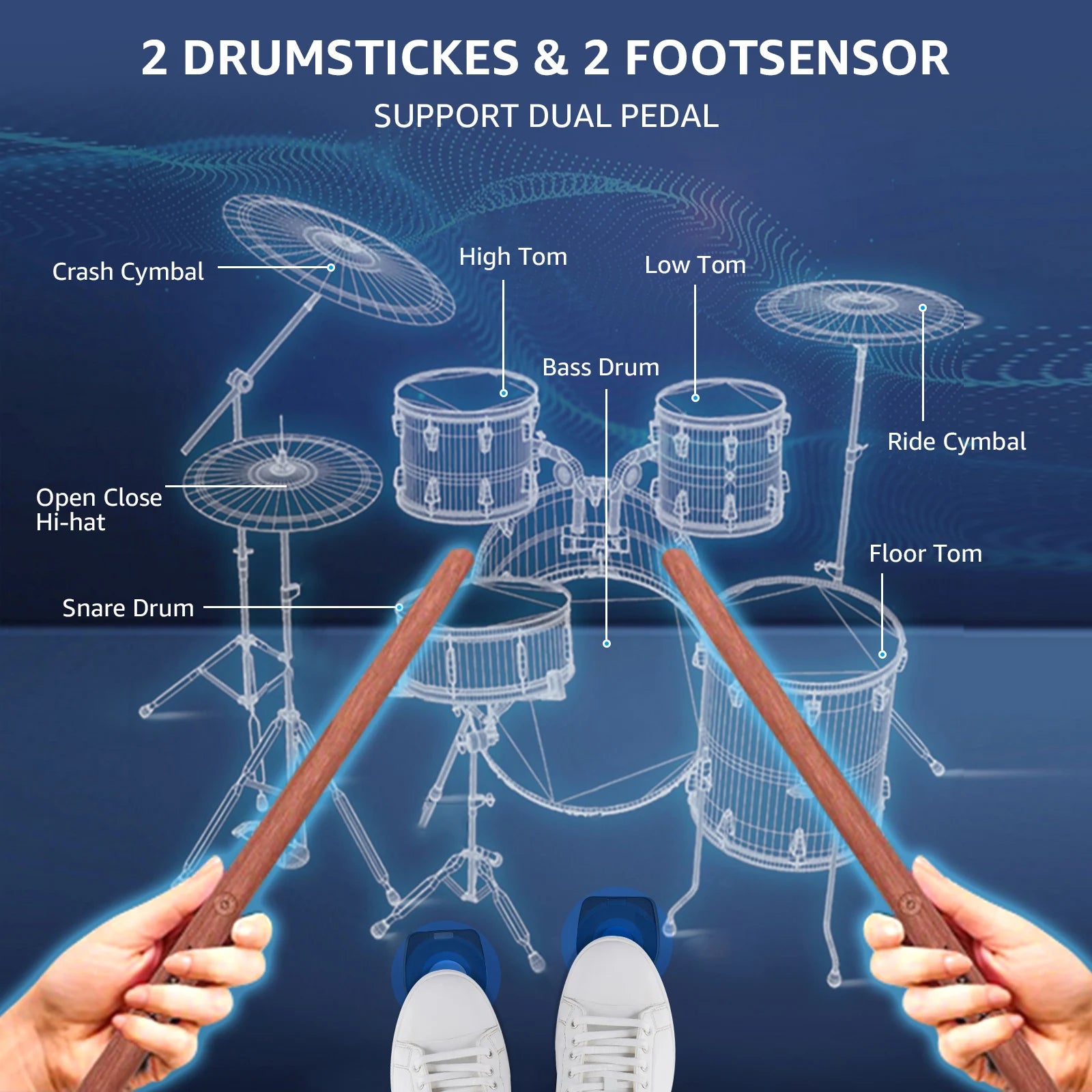 AeroBand PocketDrum 2 PLUS Somatosensory Digital Electronic Air Drum Stick Set Drumsticks & Foot Pedals & Bluetooth Adapter - Image 5